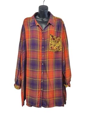 Cato Plaid High Low Tunic Shirt 22/24W Orange Purple Floral Pocket Rayon Boho